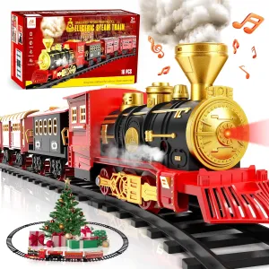 Vanmor Toy Train Set, Christmas Train Sets for Around The Tree with Steam Engine, Cargo Car and Long Track, Battery-Powered Holiday Train Set with Smoke, Light & Sounds, Gift for Toddlers