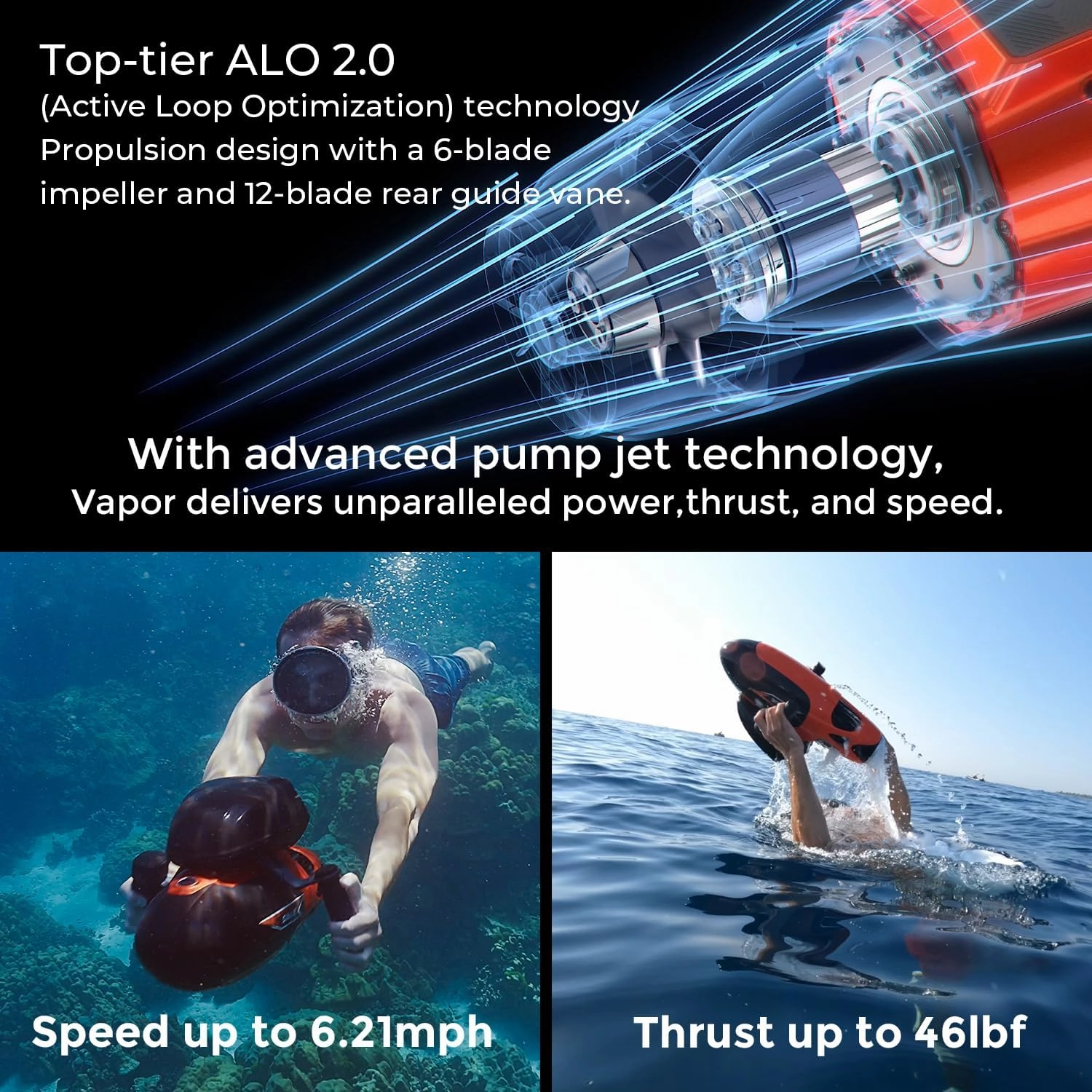 Vapor Pump-Jet Underwater Scooter 3 Gear Speed 60 Minutes 6.21mph 46lbf for Free Diving Scuba Diving Snorkeling Recreational Toys for Yachts and Boats