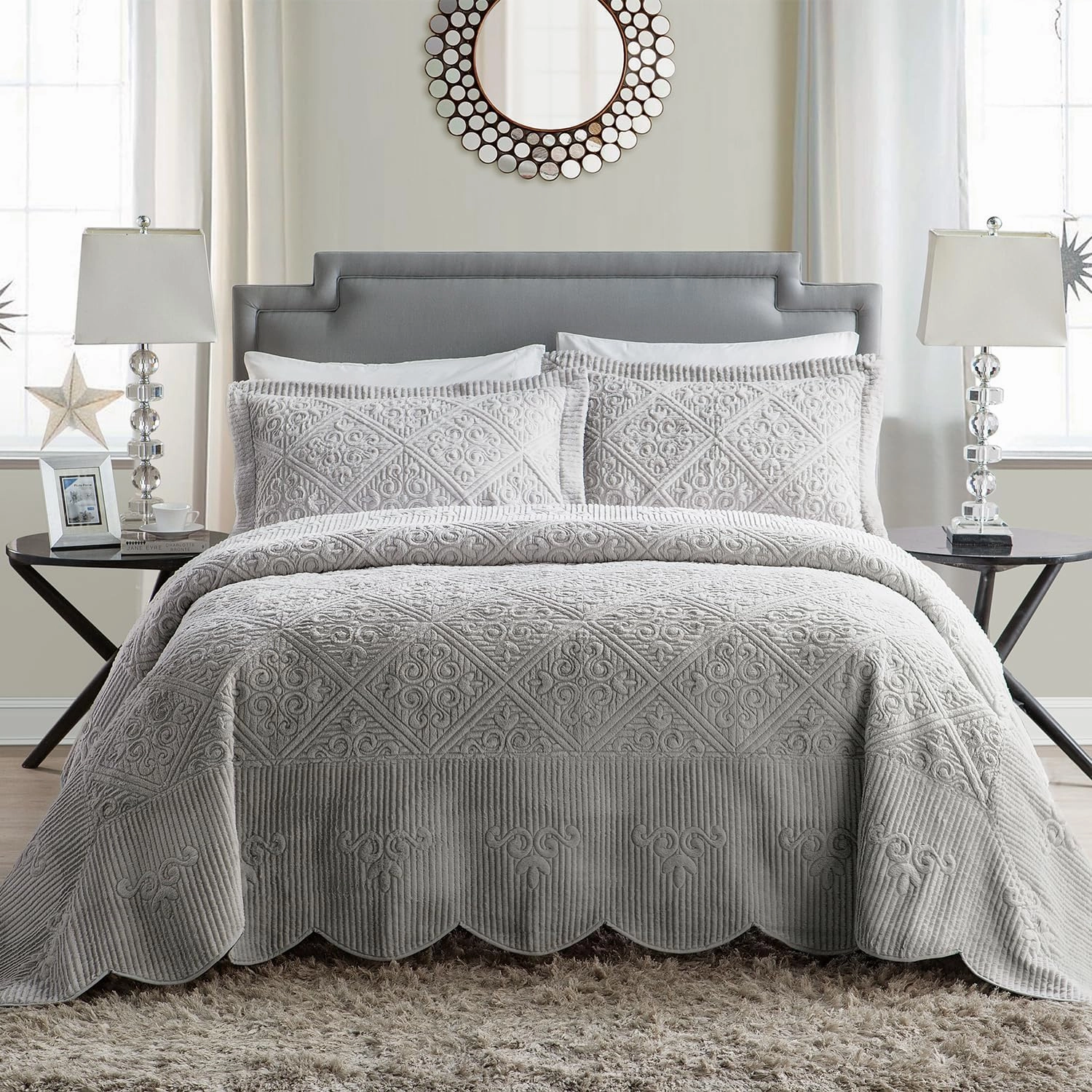 VCNY Home - Quilt Set, 3-Piece Plush Bedding with Matching Sham, Elegant Room Decor (Westland Grey, Full)
