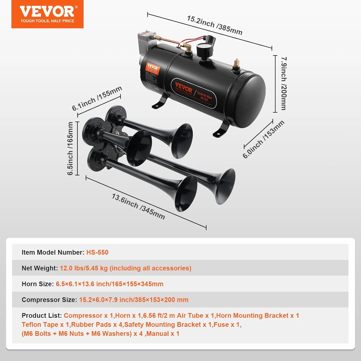 VEVOR 4 Trumpet Air Horn Kit, 150dB Train Horns for Pickup Trucks, 12V 120 psi Air Compressor 0.8 Gal/3 L Tank with Gauge for Any 12V Vehicle Car Truck Train Van Boat