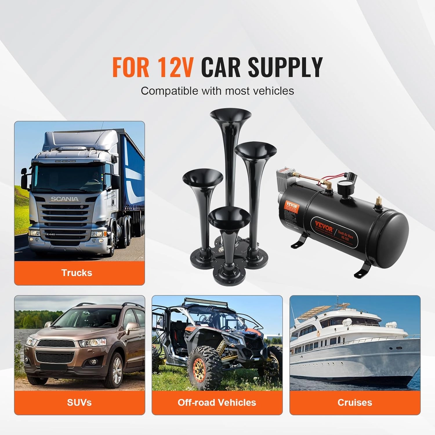VEVOR 4 Trumpet Air Horn Kit, 150dB Train Horns for Pickup Trucks, 12V 120 psi Air Compressor 0.8 Gal/3 L Tank with Gauge for Any 12V Vehicle Car Truck Train Van Boat