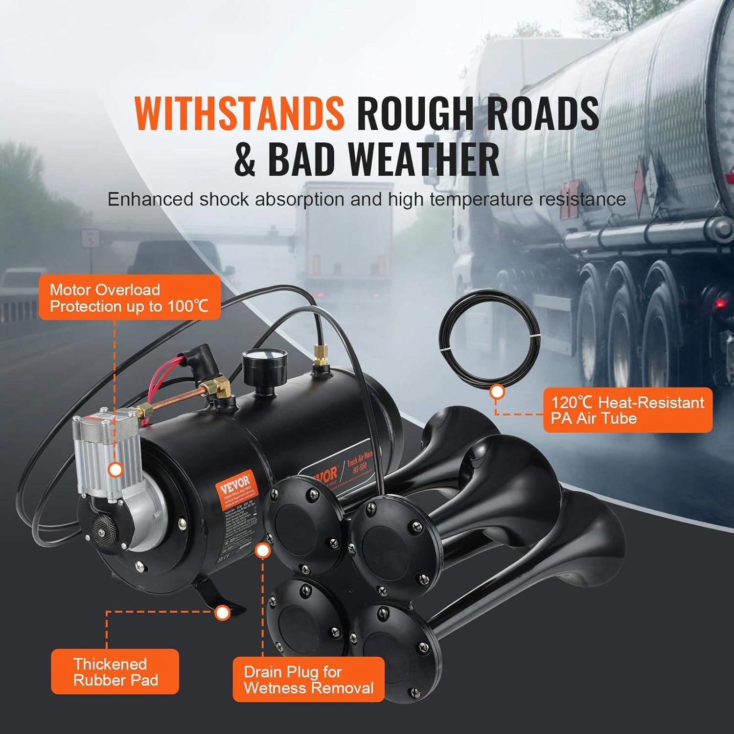 VEVOR 4 Trumpet Air Horn Kit, 150dB Train Horns for Pickup Trucks, 12V 120 psi Air Compressor 0.8 Gal/3 L Tank with Gauge for Any 12V Vehicle Car Truck Train Van Boat