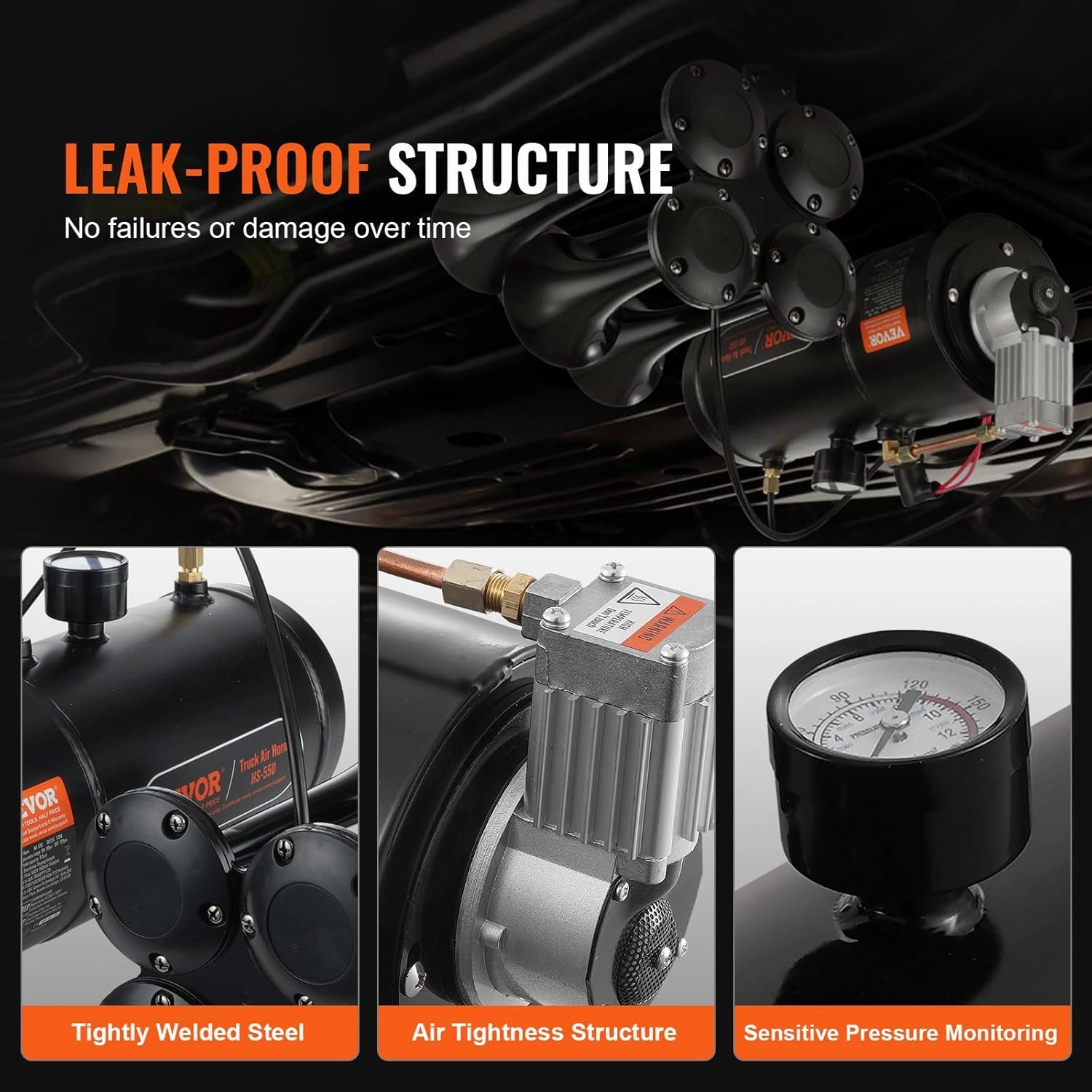 VEVOR 4 Trumpet Air Horn Kit, 150dB Train Horns for Pickup Trucks, 12V 120 psi Air Compressor 0.8 Gal/3 L Tank with Gauge for Any 12V Vehicle Car Truck Train Van Boat