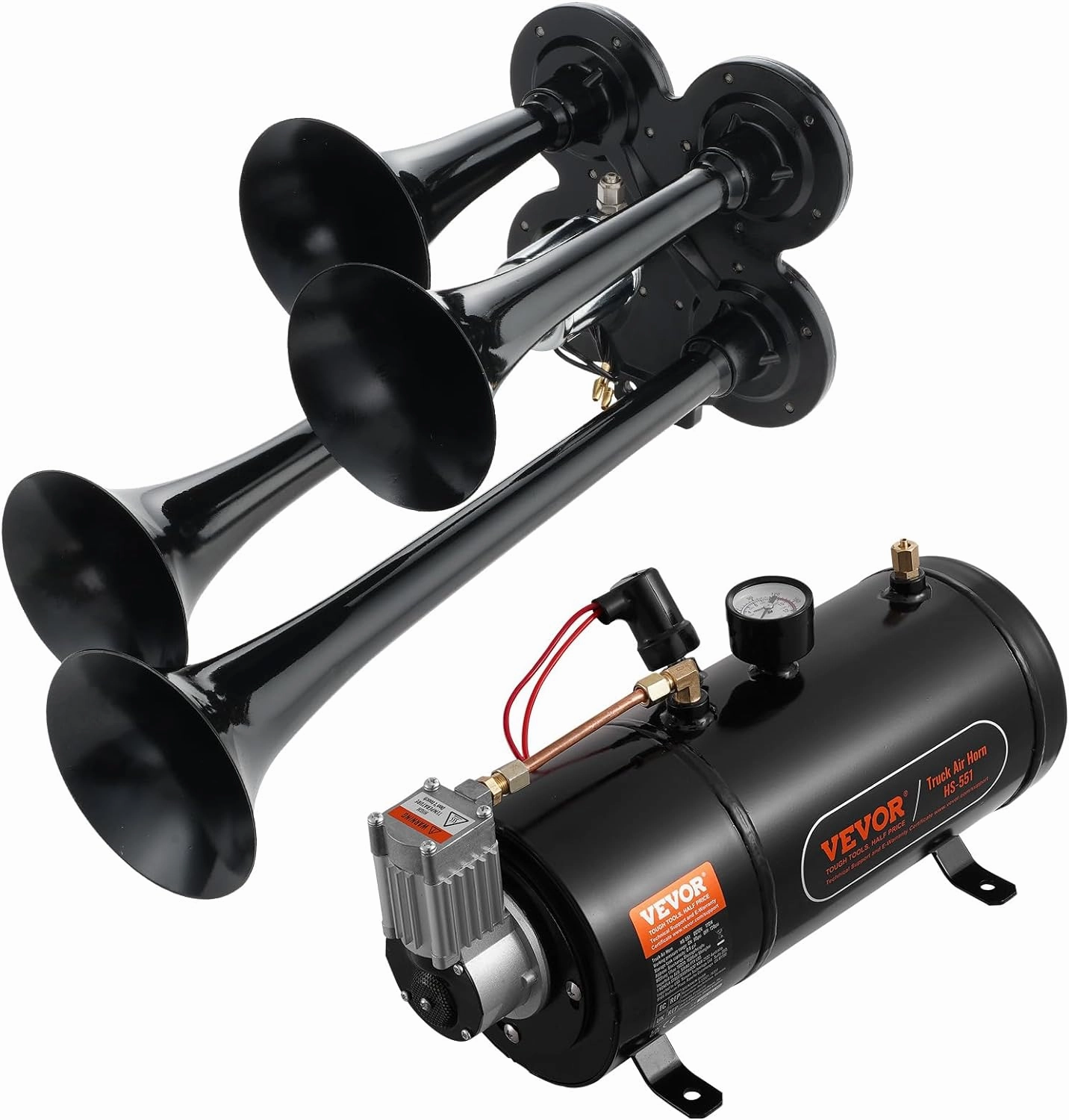 VEVOR 4 Trumpet Air Horn Kit, 150dB Train Horns for Pickup Trucks, 12V 120 psi Air Compressor 0.8 Gal/3 L Tank with Gauge for Any 12V Vehicle Car Truck Train Van Boat