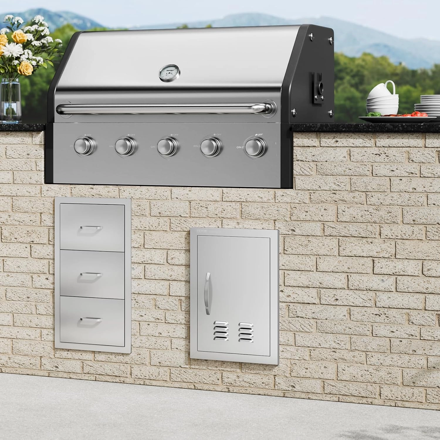 VEVOR BBQ Access Door, 14W x 20H Inch Single Outdoor Kitchen Door, Stainless Steel Flush Mount Door, Wall Vertical Door with Handle and Vents, for BBQ Island, Grilling Station, Outside Cabinet