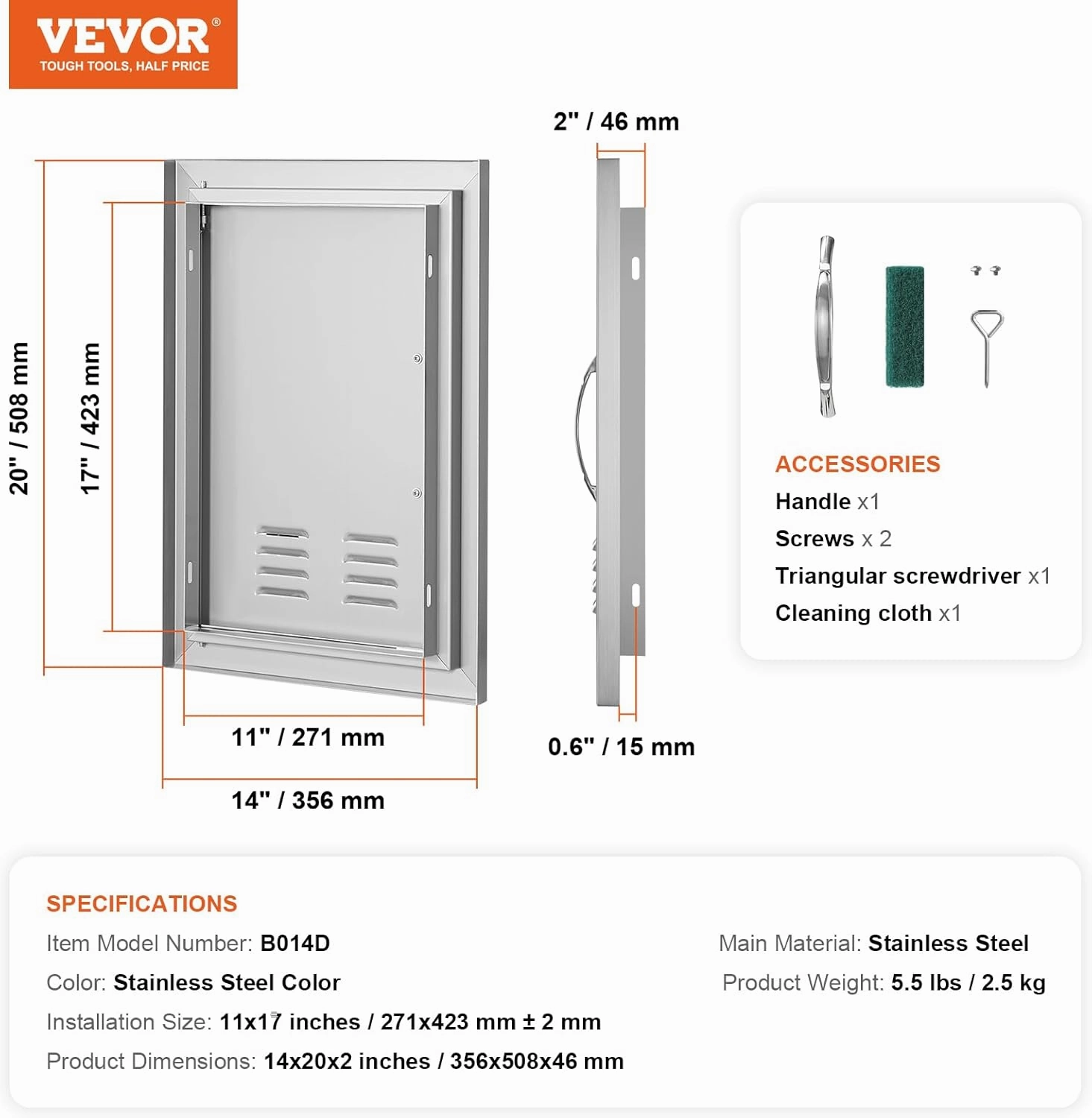 VEVOR BBQ Access Door, 14W x 20H Inch Single Outdoor Kitchen Door, Stainless Steel Flush Mount Door, Wall Vertical Door with Handle and Vents, for BBQ Island, Grilling Station, Outside Cabinet
