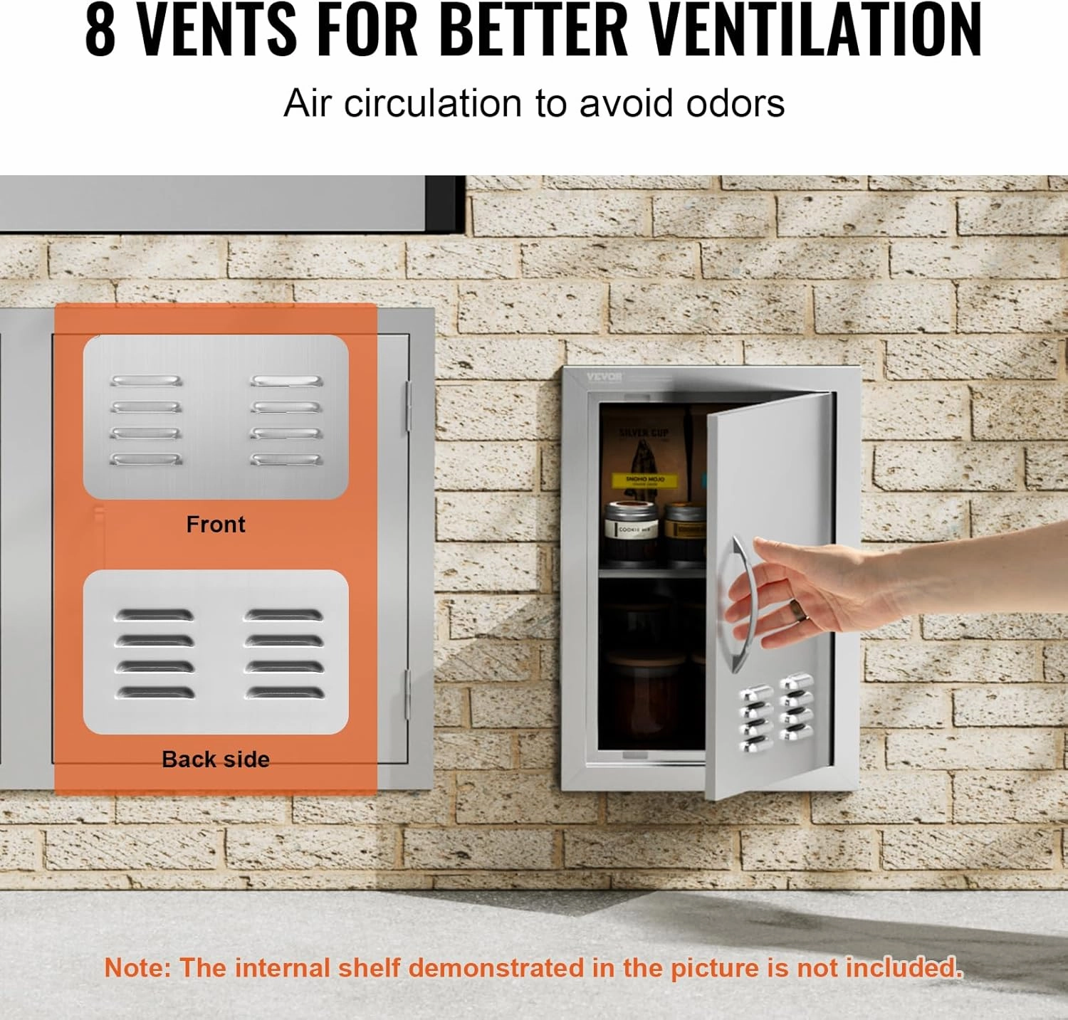 VEVOR BBQ Access Door, 14W x 20H Inch Single Outdoor Kitchen Door, Stainless Steel Flush Mount Door, Wall Vertical Door with Handle and Vents, for BBQ Island, Grilling Station, Outside Cabinet