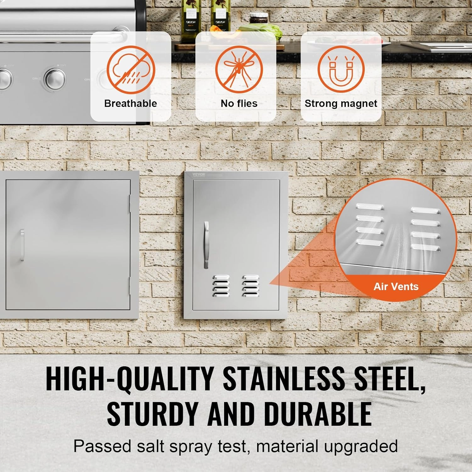 VEVOR BBQ Access Door, 14W x 20H Inch Single Outdoor Kitchen Door, Stainless Steel Flush Mount Door, Wall Vertical Door with Handle and Vents, for BBQ Island, Grilling Station, Outside Cabinet