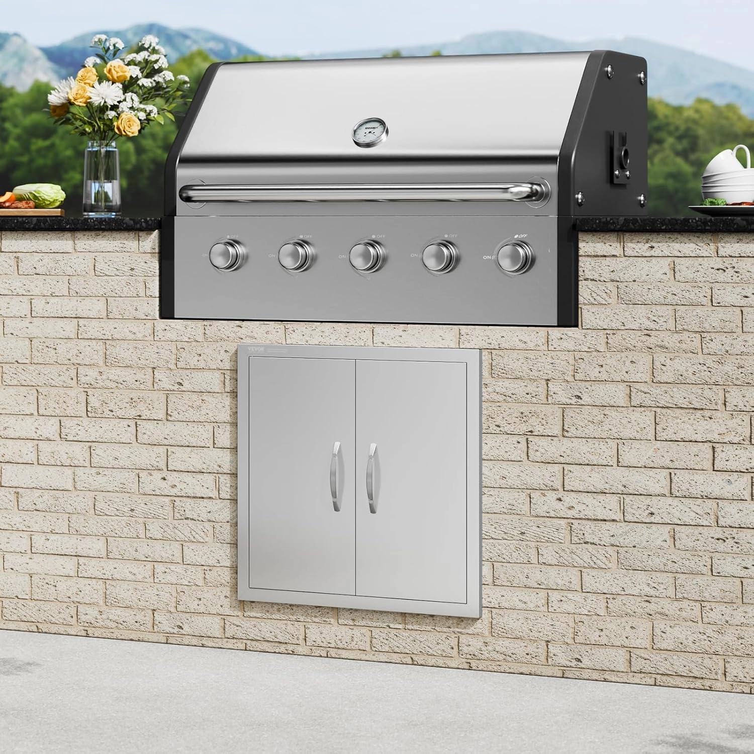 VEVOR BBQ Access Double Door, 24W x 24H Inch Outdoor Kitchen, Stainless Steel Flush Mount, Double Wall Vertical With Handles and Hooks, for BBQ Island, Grilling Station, Outside Cabinet