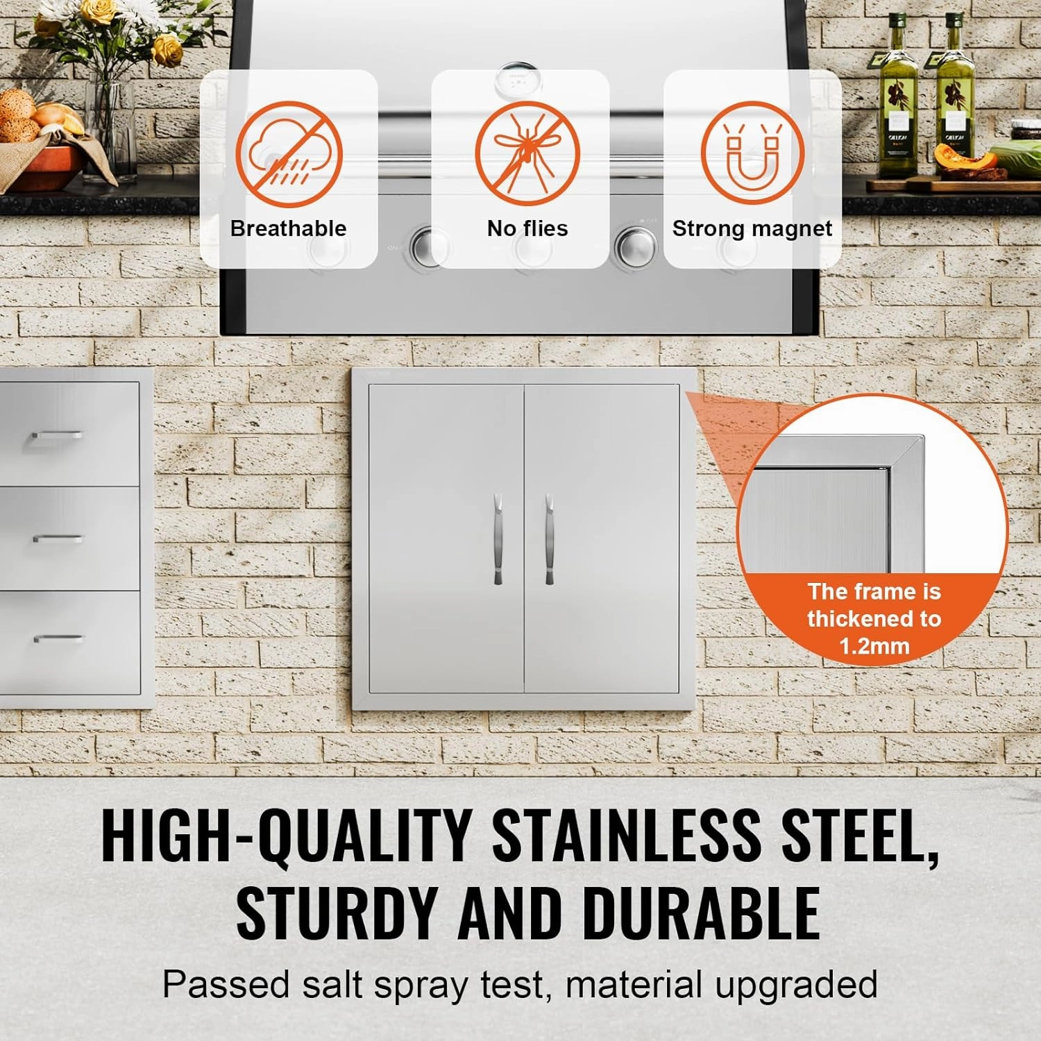 VEVOR BBQ Access Double Door, 24W x 24H Inch Outdoor Kitchen, Stainless Steel Flush Mount, Double Wall Vertical With Handles and Hooks, for BBQ Island, Grilling Station, Outside Cabinet