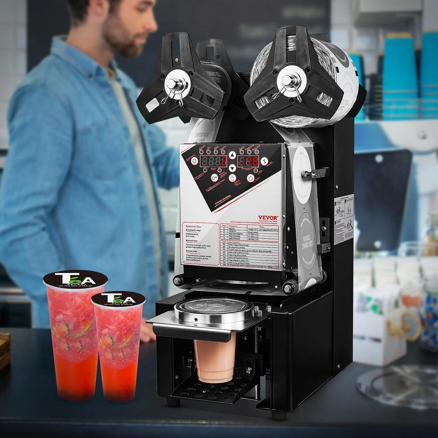 VEVOR Cup Sealing Machine, Fully Automatic Cup Sealer Machine, Boba Sealer Machine 500-650 Cups/H for 190 mm Tall & 90/95 mm Cup with Digital Control LCD Panel for Bubble Milk Tea Coffee, Black