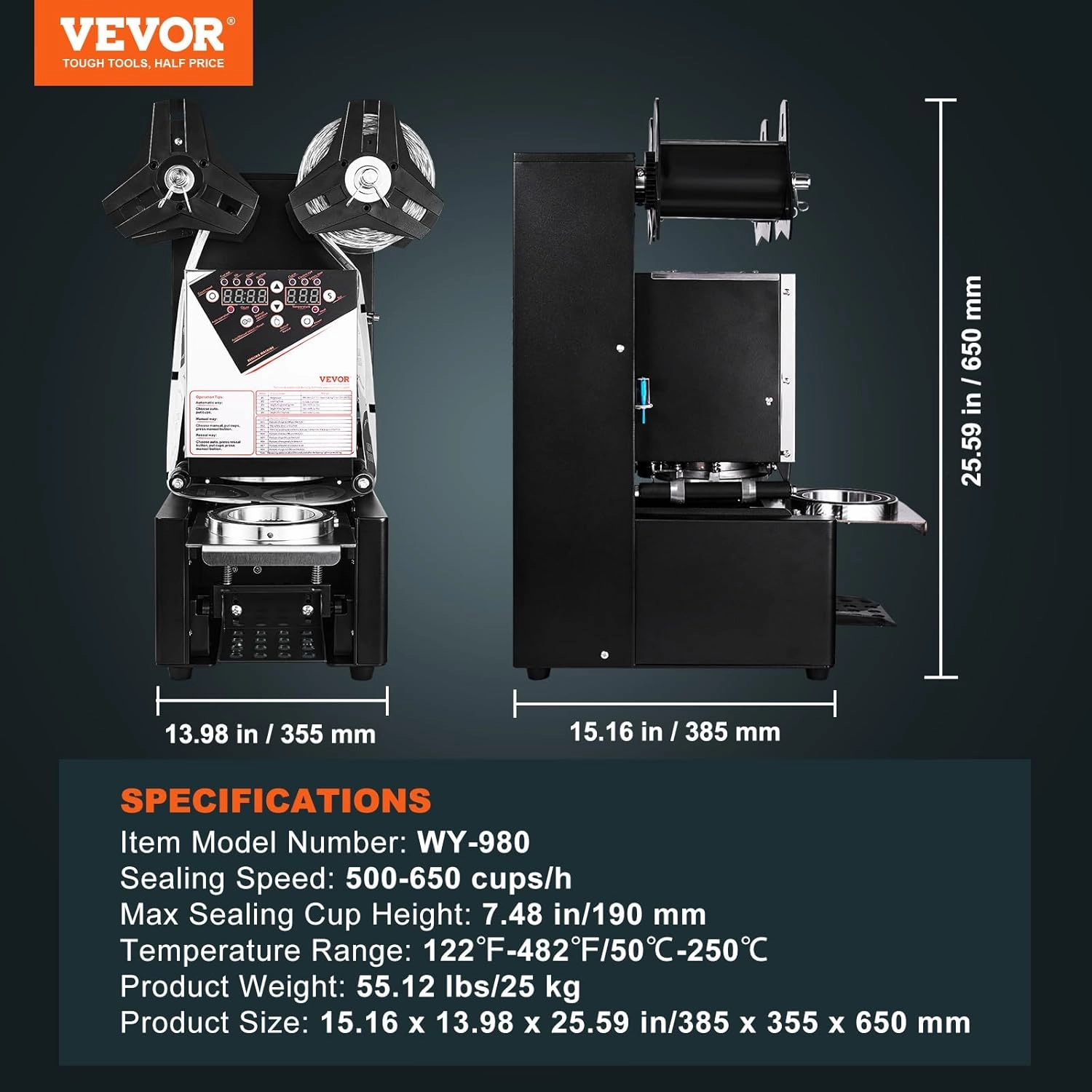 VEVOR Cup Sealing Machine, Fully Automatic Cup Sealer Machine, Boba Sealer Machine 500-650 Cups/H for 190 mm Tall & 90/95 mm Cup with Digital Control LCD Panel for Bubble Milk Tea Coffee, Black