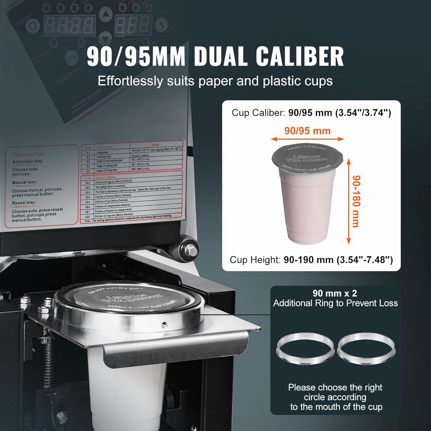 VEVOR Cup Sealing Machine, Fully Automatic Cup Sealer Machine, Boba Sealer Machine 500-650 Cups/H for 190 mm Tall & 90/95 mm Cup with Digital Control LCD Panel for Bubble Milk Tea Coffee, Black