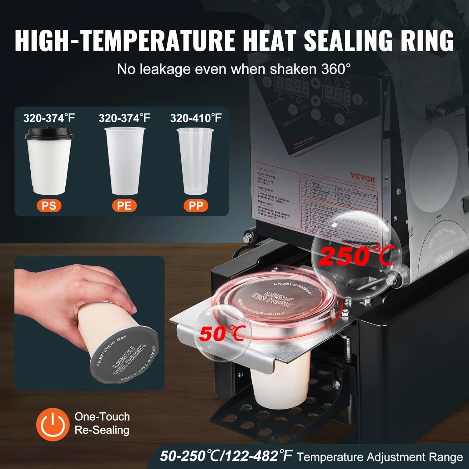 VEVOR Cup Sealing Machine, Fully Automatic Cup Sealer Machine, Boba Sealer Machine 500-650 Cups/H for 190 mm Tall & 90/95 mm Cup with Digital Control LCD Panel for Bubble Milk Tea Coffee, Black