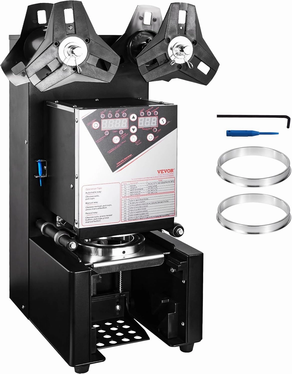 VEVOR Cup Sealing Machine, Fully Automatic Cup Sealer Machine, Boba Sealer Machine 500-650 Cups/H for 190 mm Tall & 90/95 mm Cup with Digital Control LCD Panel for Bubble Milk Tea Coffee, Black