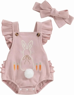 VISGOGO Easter Baby Girl Outfit Rompers Infant Bunny Clothes Carrot Embroidery Backless Easter Onesie