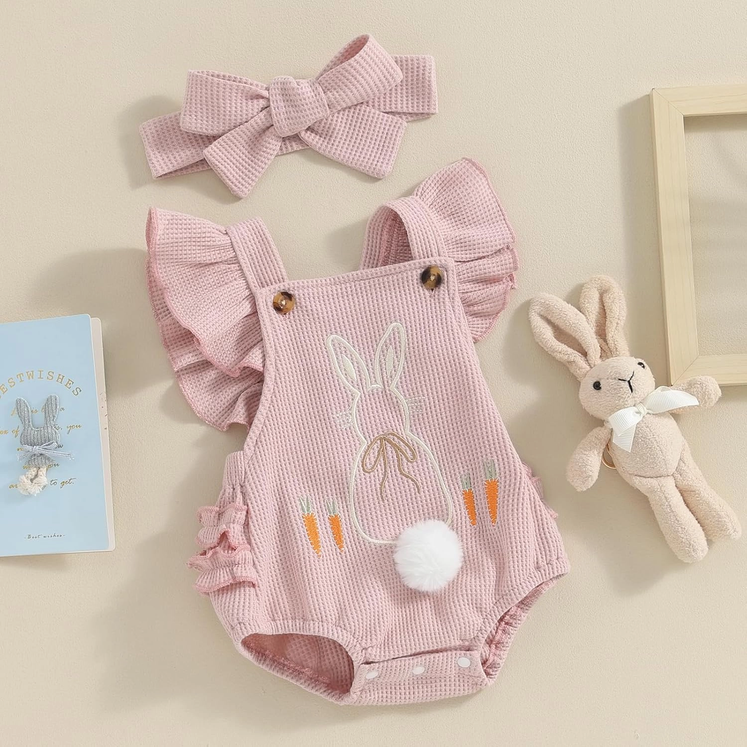 VISGOGO Easter Baby Girl Outfit Rompers Infant Bunny Clothes Carrot Embroidery Backless Easter Onesie