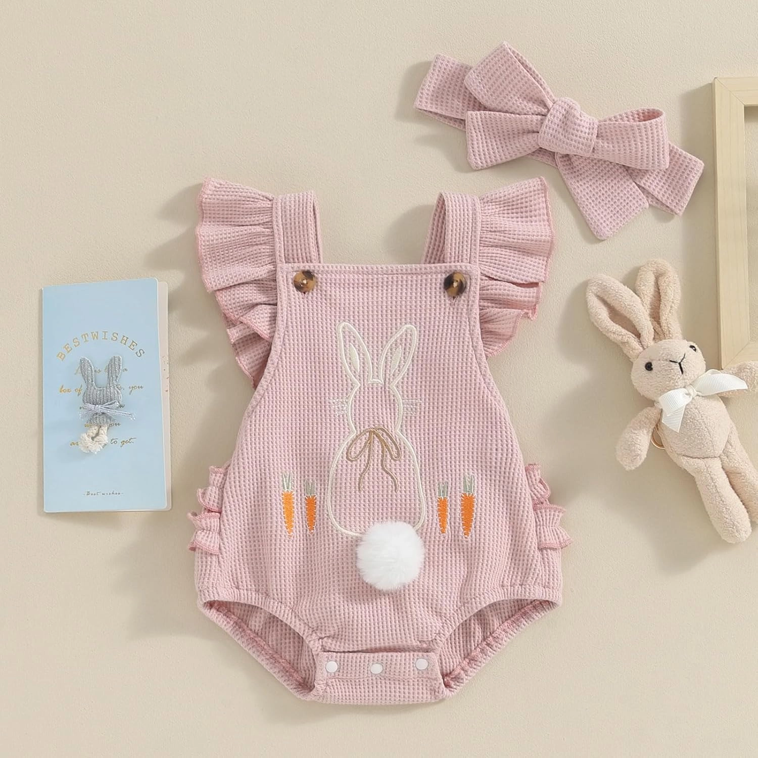 VISGOGO Easter Baby Girl Outfit Rompers Infant Bunny Clothes Carrot Embroidery Backless Easter Onesie