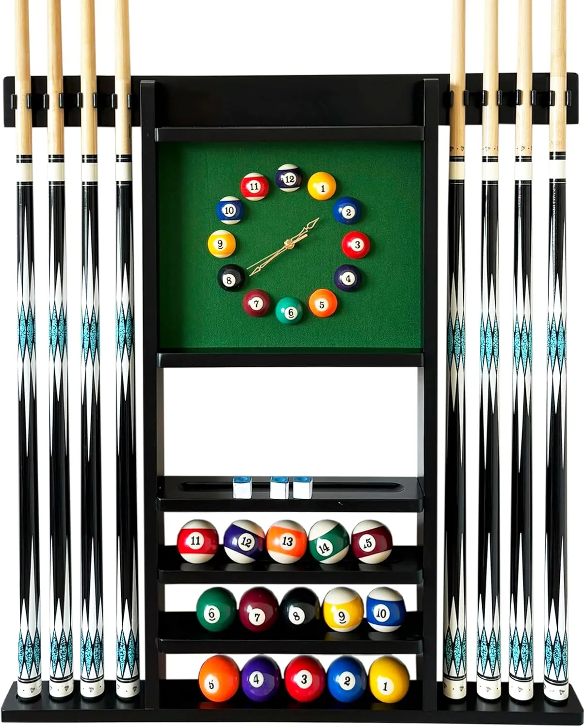 Wall Mount Billiard Cue Rack - Deluxe Pool Cue Holder for 8 Cues, Billiard Game Room (Black)