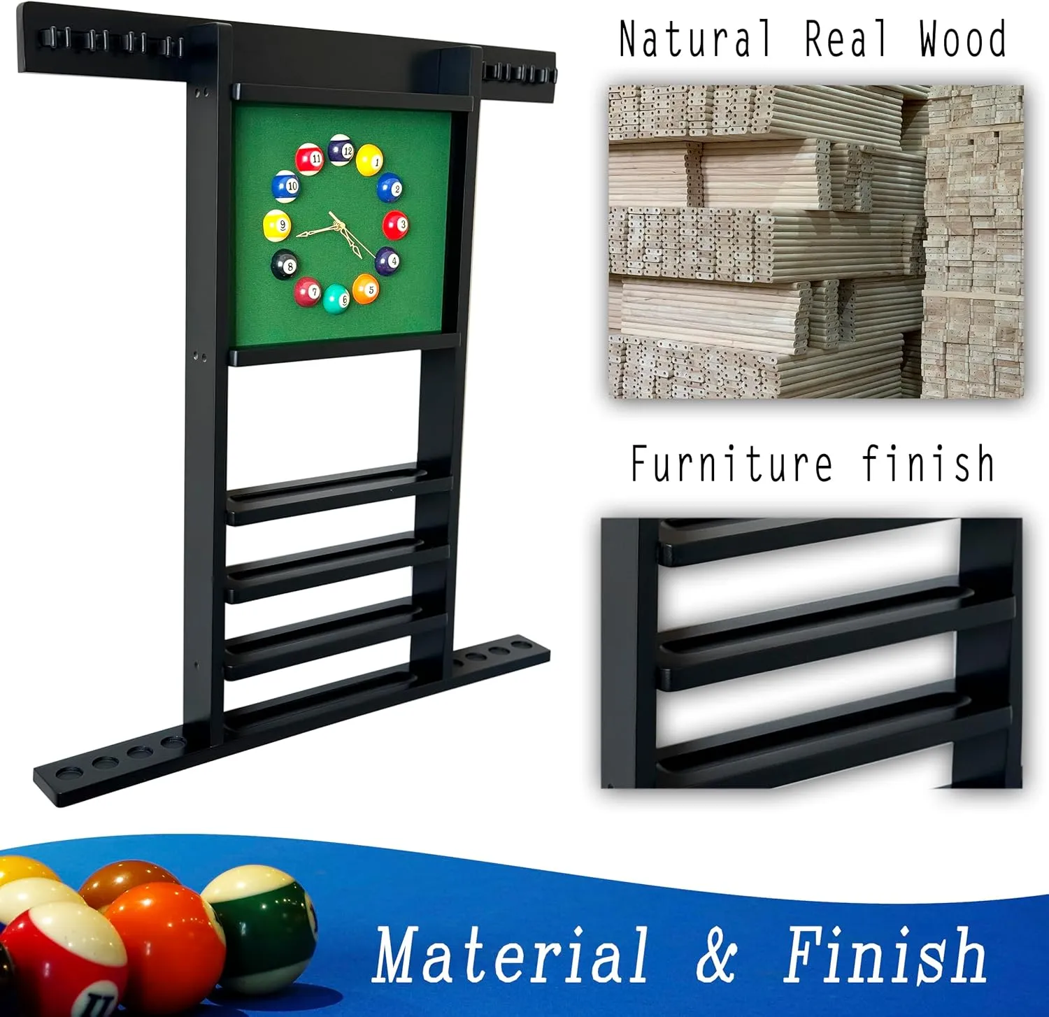 Wall Mount Billiard Cue Rack - Deluxe Pool Cue Holder for 8 Cues, Billiard Game Room (Black)