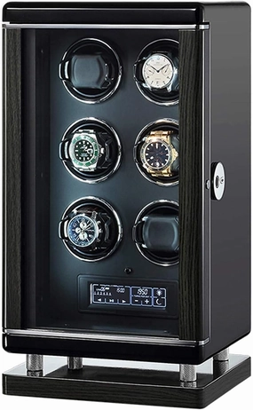 Watch Winder for 6 Automatic Watches with Remote Control Smart Fingerprint LCD with Touch Panel Built-in LED Illuminated 6 Different Settings with Super Quiet Motor
