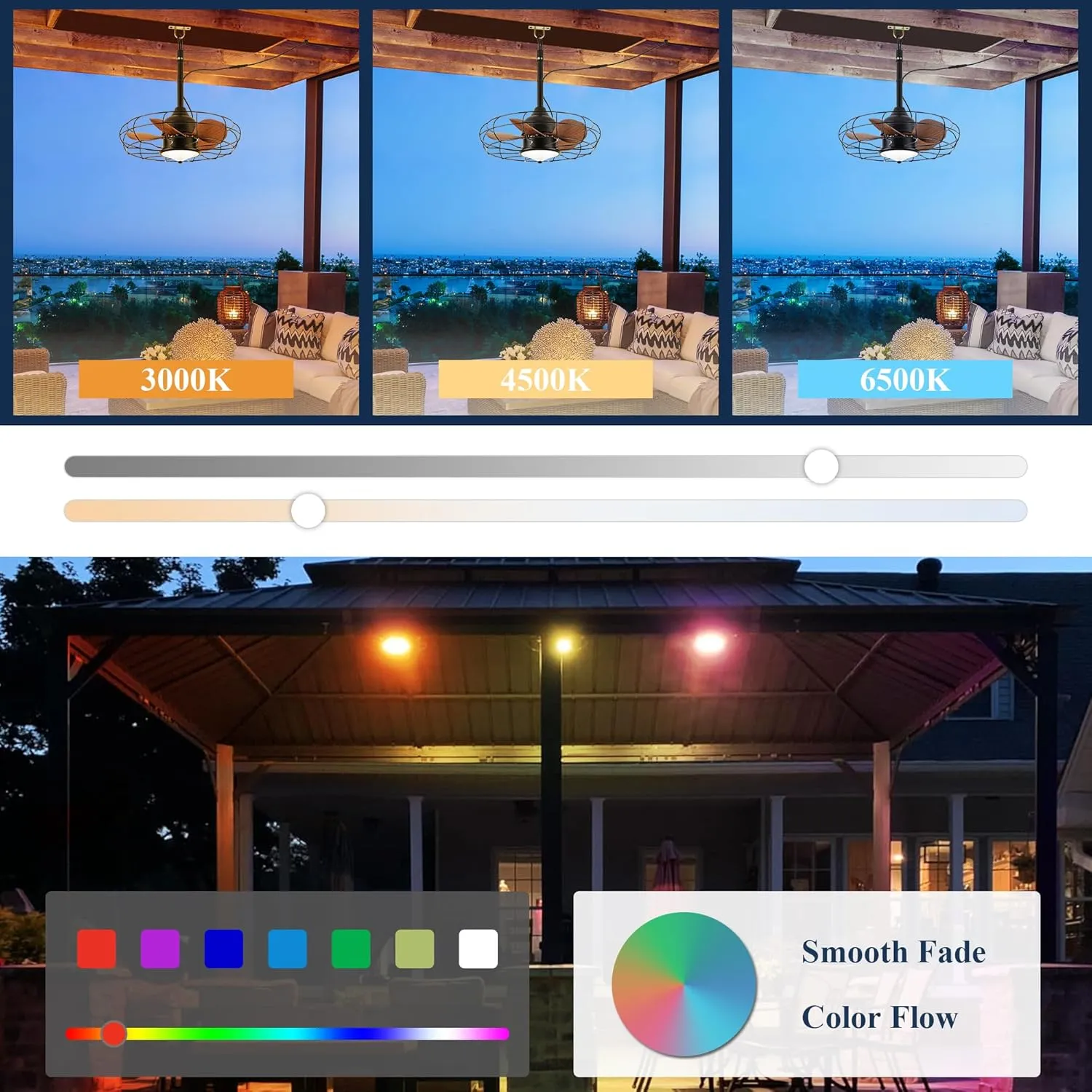 Waterproof Ceiling Fan with Lights, 20'' Outdoor Plug In IP65 Gazebo Fan, Wet Rated Dual Lighting System with Remote, 7-Color RGB & 3-Color LED, Easy Hanging with Hook for Patio, Pergola, Deck