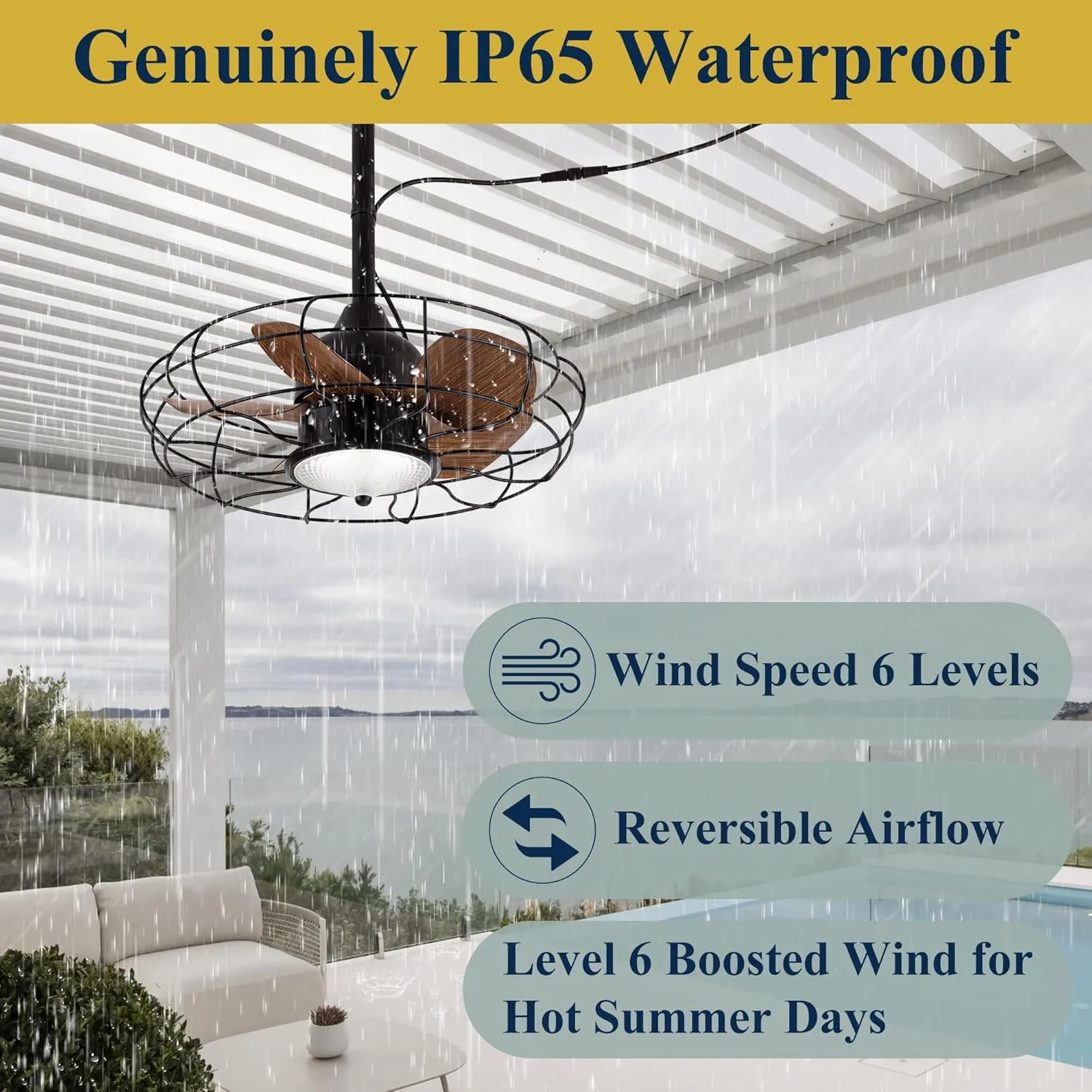 Waterproof Ceiling Fan with Lights, 20'' Outdoor Plug In IP65 Gazebo Fan, Wet Rated Dual Lighting System with Remote, 7-Color RGB & 3-Color LED, Easy Hanging with Hook for Patio, Pergola, Deck