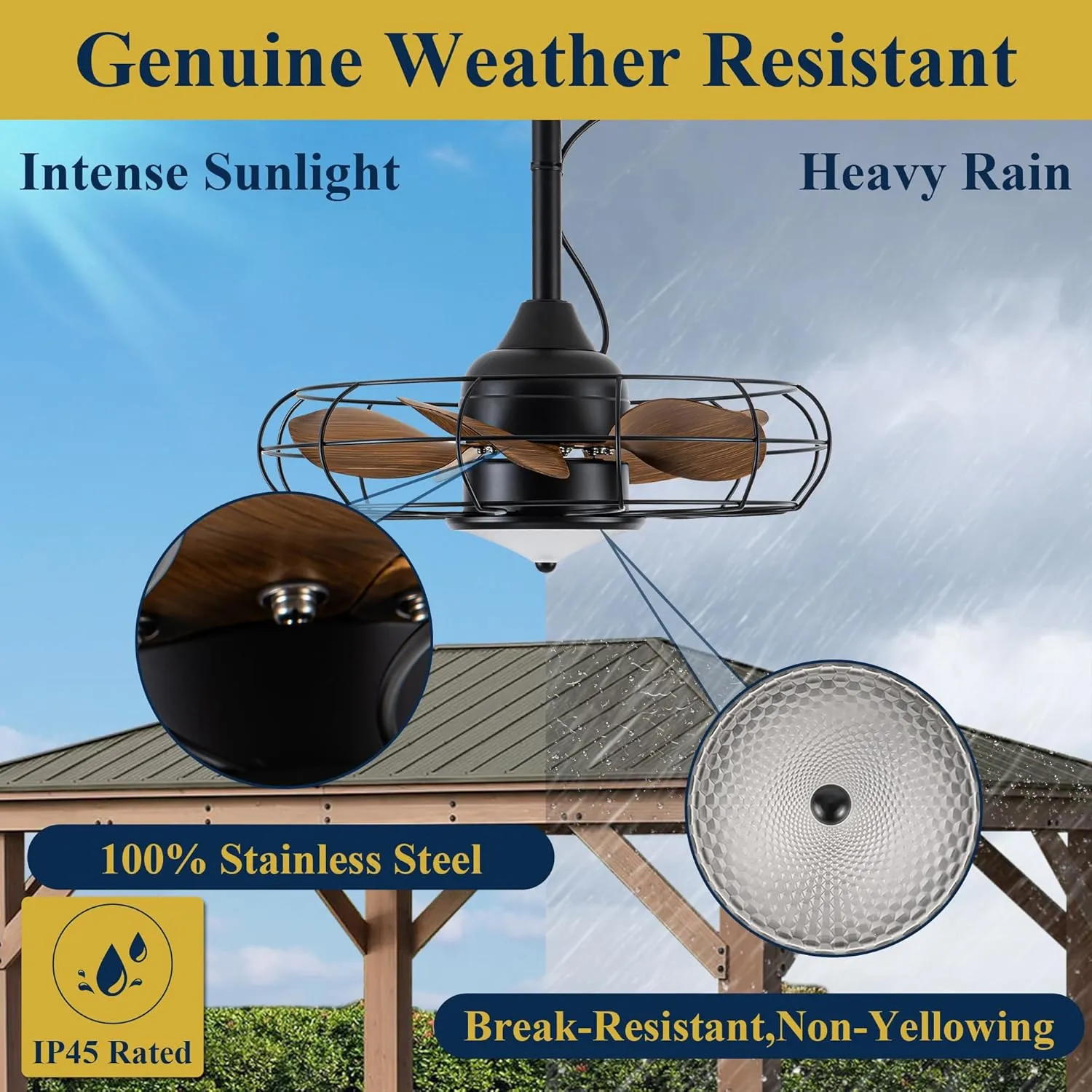 Waterproof Ceiling Fan with Lights, 20'' Outdoor Plug In IP65 Gazebo Fan, Wet Rated Dual Lighting System with Remote, 7-Color RGB & 3-Color LED, Easy Hanging with Hook for Patio, Pergola, Deck
