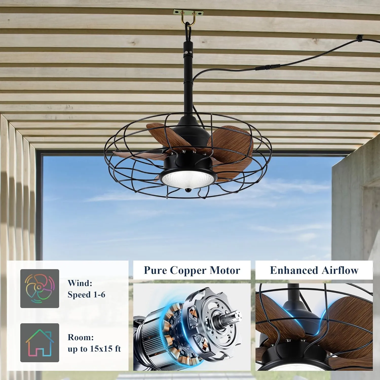 Waterproof Ceiling Fan with Lights, 20'' Outdoor Plug In IP65 Gazebo Fan, Wet Rated Dual Lighting System with Remote, 7-Color RGB & 3-Color LED, Easy Hanging with Hook for Patio, Pergola, Deck