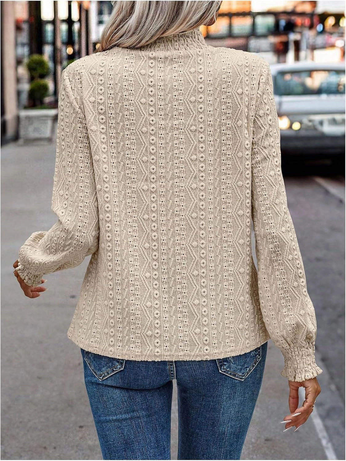 WDIRARA Women's Lace Eyelet Blouse Frill Mock Neck Vintage Top Lantern Long Sleeve Elegant Tops
