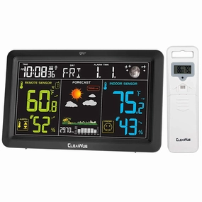 Weather Stations Wireless Indoor Outdoor Thermometer, Color Display Digital Calendar Atomic Clock, Temperature and Humidity Monitor with Adjustable Backlight (Black)