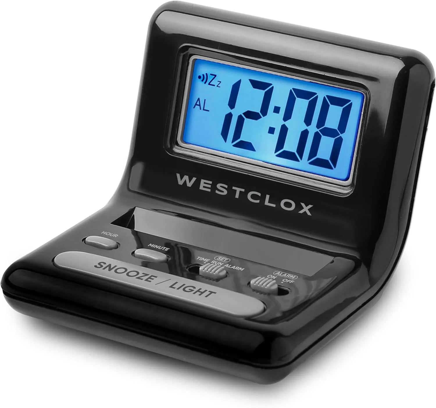Westclox LCD Digital Bedside Alarm Clock with Blue Backlit Display and Snooze Function, Battery Operated, (Black, 3-Inch)