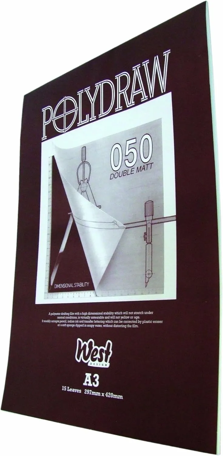 Westfilm Polydraw Polyester Drafting Film Pad, Clear, A3, 50 Microns, 15 Sheets, For Pencil, Ink, Transfer Lettering, Double-Matt Texture, Technical, Untearable, Will Not Yellow
