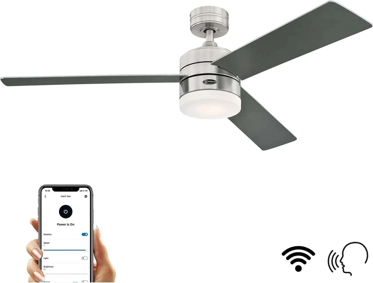 Westinghouse Lighting 74007A00 Modern Alta Vista Works With Alexa Smart Wifi Ceiling Fan with LED Light, Remote Control 52 Inch Brushed Nickel Finish, Opal Frosted Glass, A Certified for Humans Device