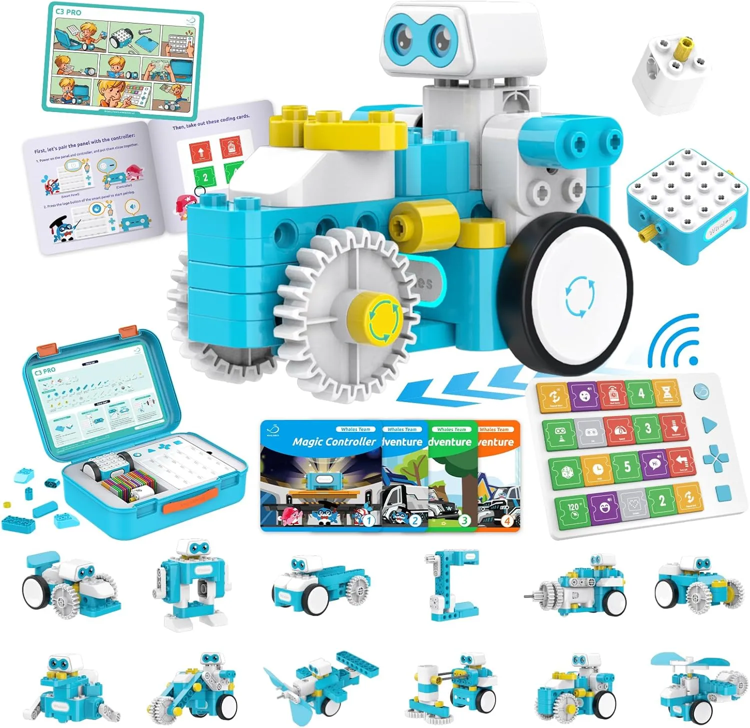 WhalesBot C3 Pro 12-in-1 Remote Control & Coding Robot Kit for Kids 4 , Advanced Smart Panel & Cards Programming, Educational STEM Toy, Block Building Set with Controller & Motor for Kids 4-6, 5-7