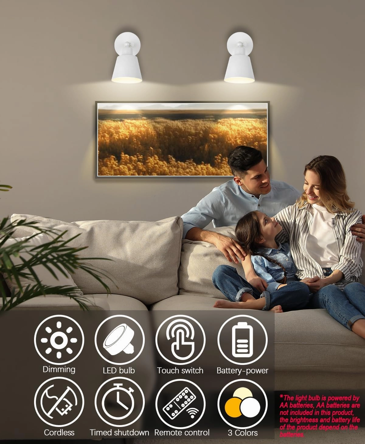 White Battery Operated Wall Sconce Set of 3, Easy to Install Wireless Lights for Wall, Remote Control Dimmable LED Lights, Auto Timer Wall Lamp Fixtures for Bedroom, Gallery, Living Room, RV