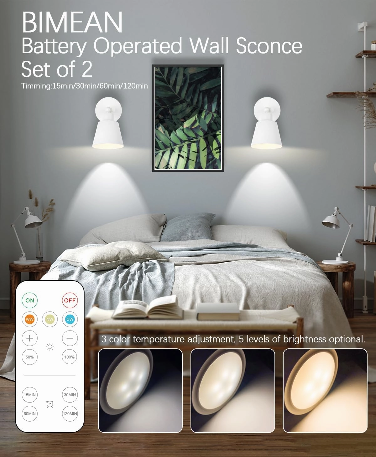 White Battery Operated Wall Sconce Set of 3, Easy to Install Wireless Lights for Wall, Remote Control Dimmable LED Lights, Auto Timer Wall Lamp Fixtures for Bedroom, Gallery, Living Room, RV