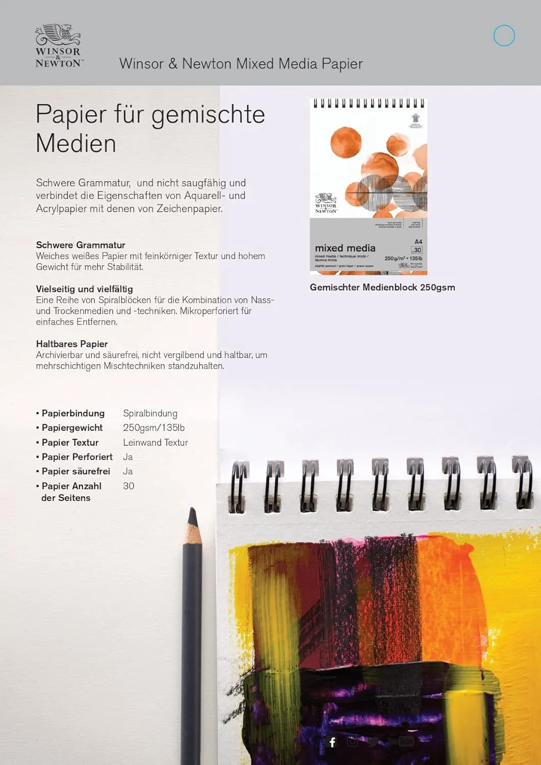 Winsor & Newton Professional Mixed Media Pad, 9" x 12", 30 Sheets, 250gsm, White