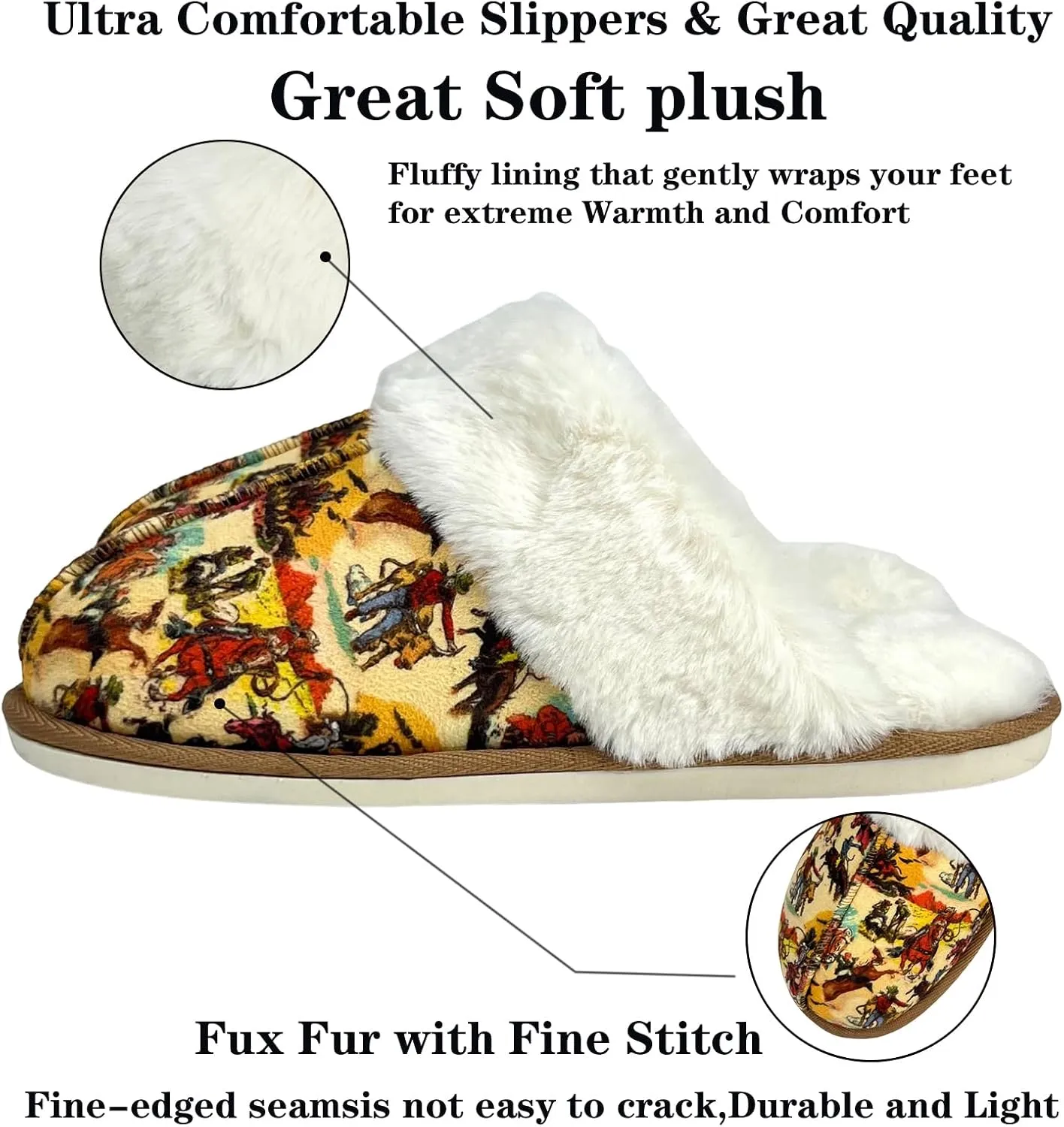 Winter Plush Slippers for Women– Leopard, Western Cowboy, Cow Print Designs – Warm Plush Lining, Durable Rubber Sole Indoor Outdoor