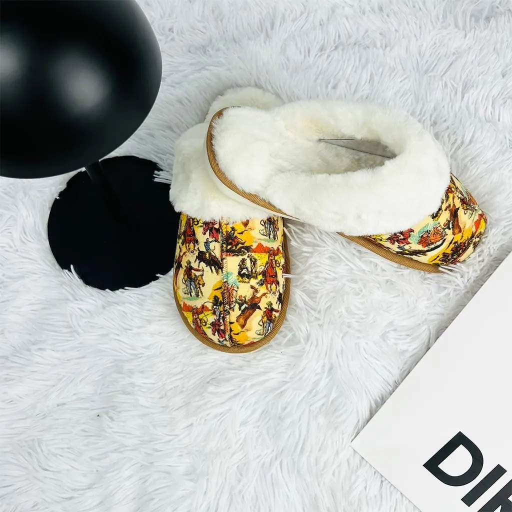 Winter Plush Slippers for Women– Leopard, Western Cowboy, Cow Print Designs – Warm Plush Lining, Durable Rubber Sole Indoor Outdoor
