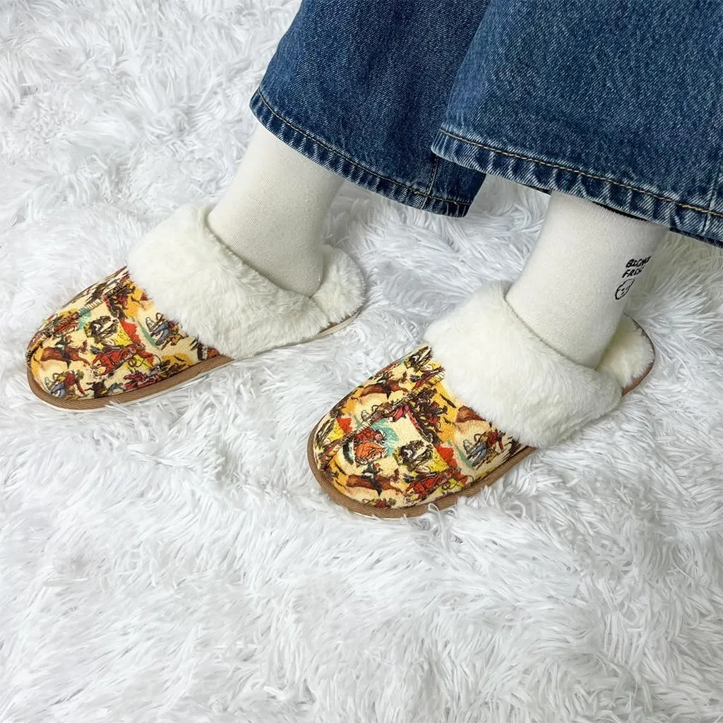 Winter Plush Slippers for Women– Leopard, Western Cowboy, Cow Print Designs – Warm Plush Lining, Durable Rubber Sole Indoor Outdoor