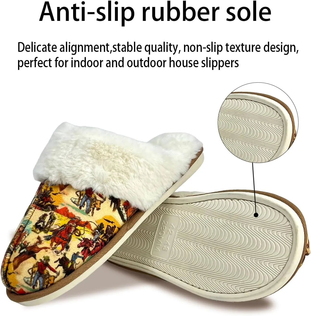 Winter Plush Slippers for Women– Leopard, Western Cowboy, Cow Print Designs – Warm Plush Lining, Durable Rubber Sole Indoor Outdoor