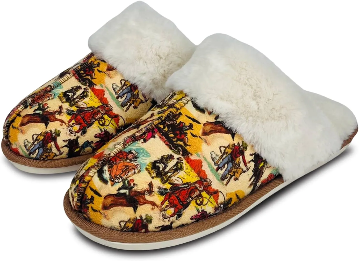 Winter Plush Slippers for Women– Leopard, Western Cowboy, Cow Print Designs – Warm Plush Lining, Durable Rubber Sole Indoor Outdoor