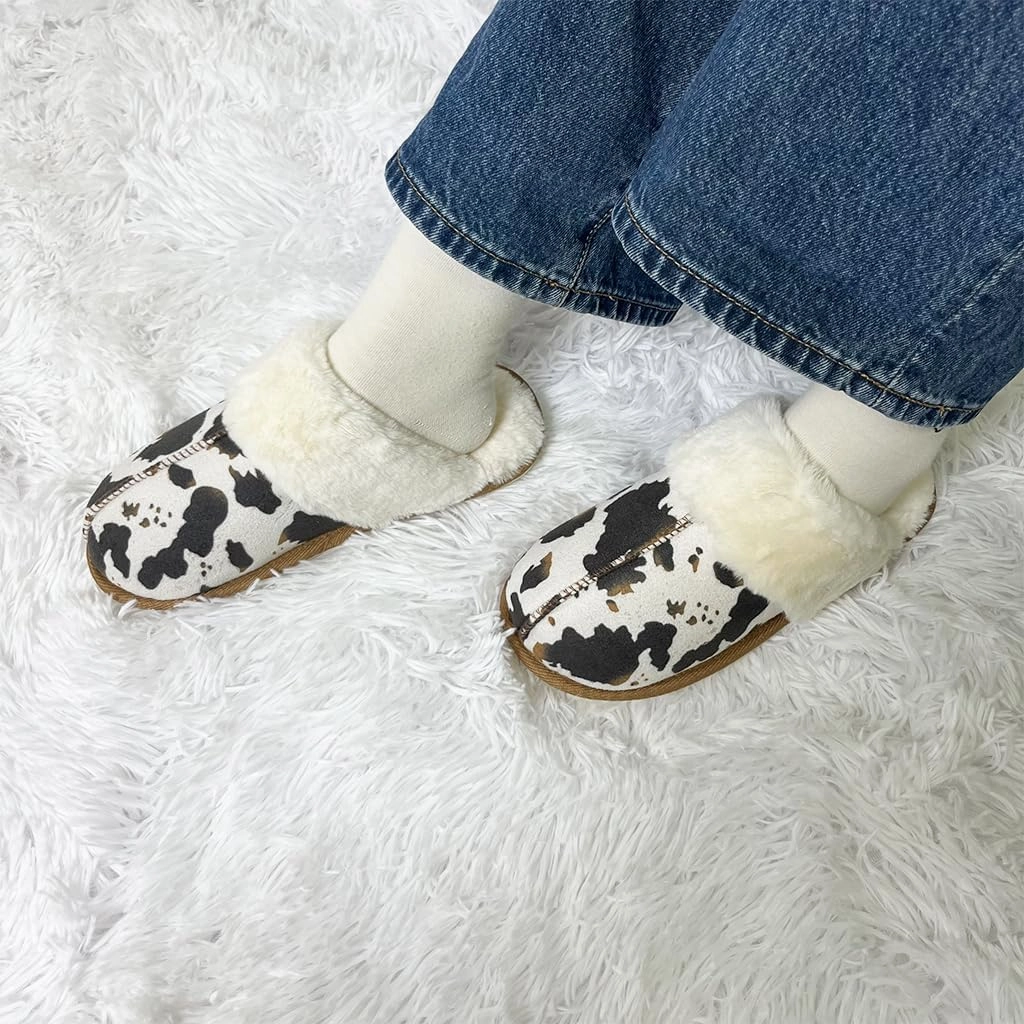 Winter Plush Slippers for Women– Leopard, Western Cowboy, Cow Print Designs – Warm Plush Lining, Durable Rubber Sole Indoor Outdoor