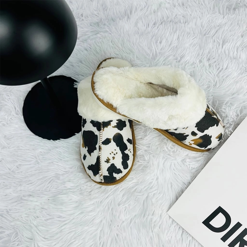 Winter Plush Slippers for Women– Leopard, Western Cowboy, Cow Print Designs – Warm Plush Lining, Durable Rubber Sole Indoor Outdoor