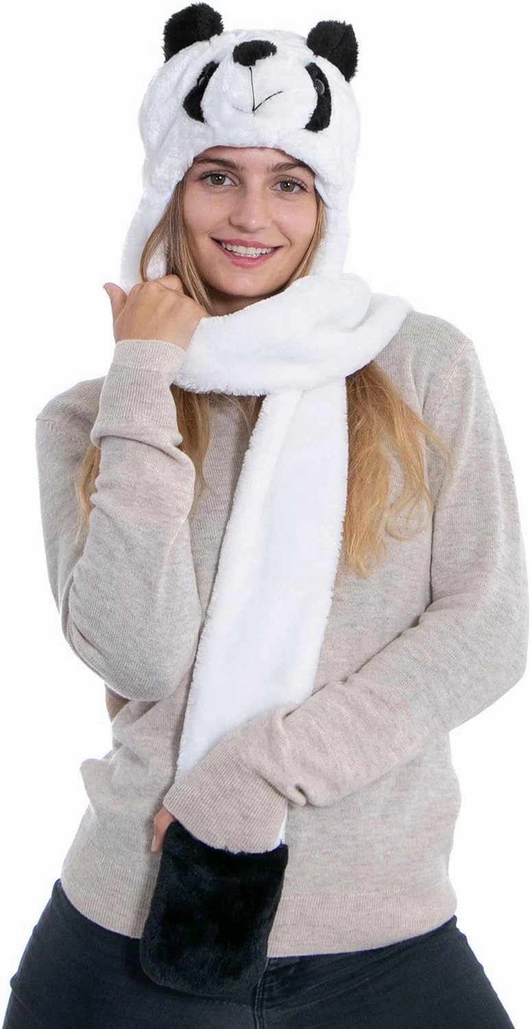 Winter Warm Plush Faux Fur Animal Paws Hat Hoods Gloves Scarf