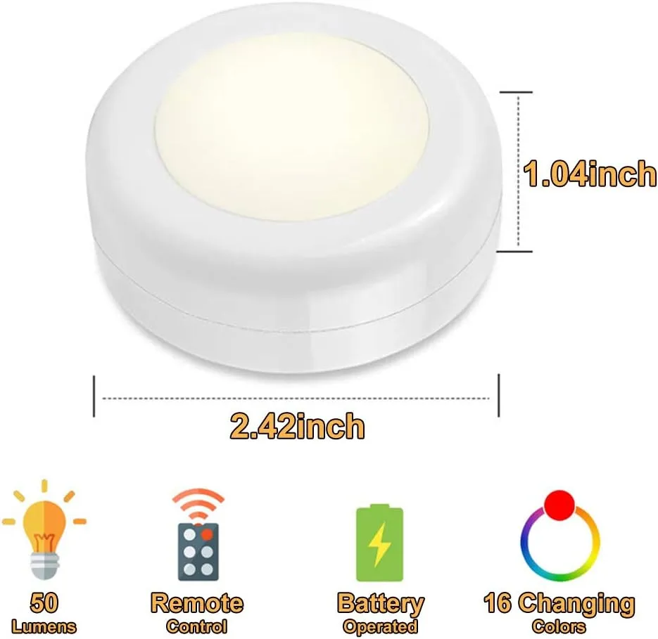 Wireless 16 Color Changing LED Puck Light 12 Pack LED Under Cabinet Lighting Closet Light Battery Powered Night Lights with Remote Control Dimmer & Timing Function