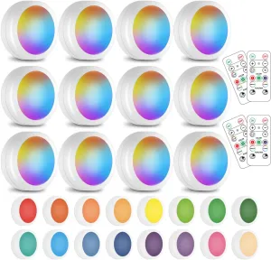 Wireless 16 Color Changing LED Puck Light 12 Pack LED Under Cabinet Lighting Closet Light Battery Powered Night Lights with Remote Control Dimmer & Timing Function