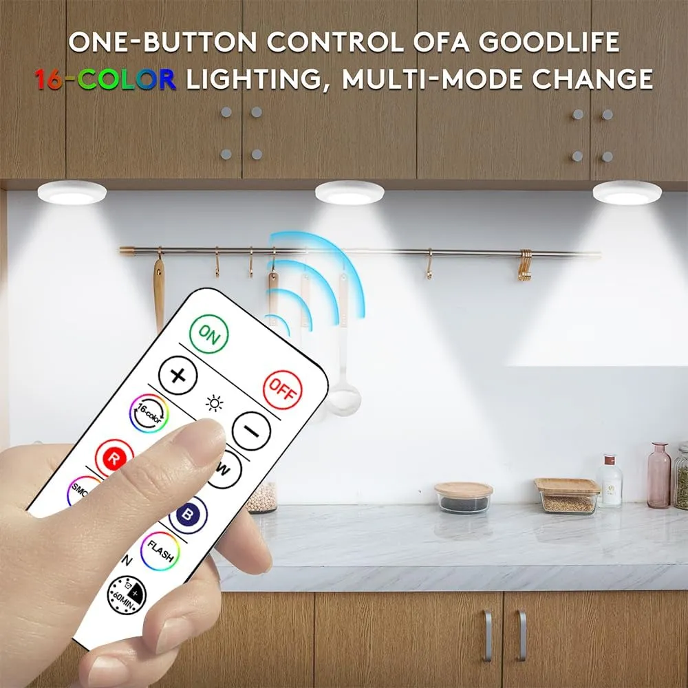 Wireless 16 Color Changing LED Puck Light 12 Pack LED Under Cabinet Lighting Closet Light Battery Powered Night Lights with Remote Control Dimmer & Timing Function