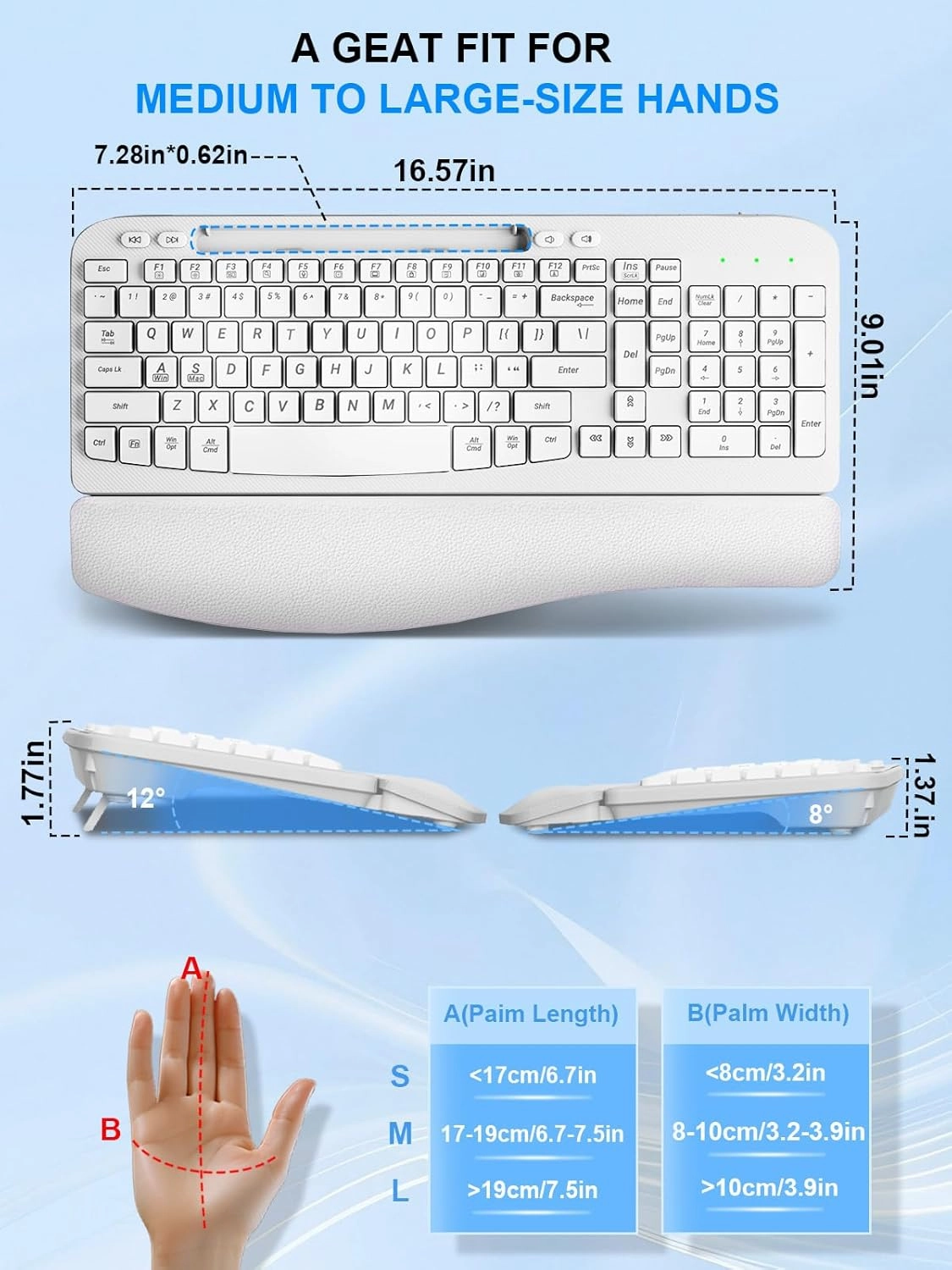 Wireless Keyboard and Mouse Combo, Wave Keys Computer Ergonomic Keyboard with Cushioned Plam Rest, Phone Holder, 2.4GHz Silent 6 Button Wireless Mouse Set for Laptop, PC, Windows, Mac (White)